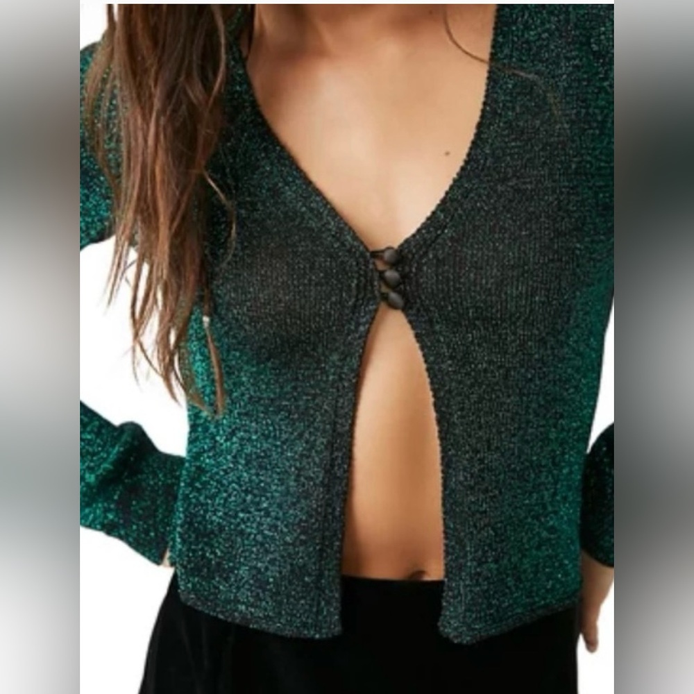 Free People Metallic Green Cardigan Holiday Christmas Sweater